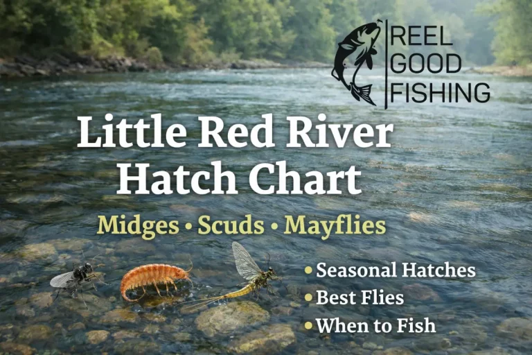 Little Red River hatch chart for Arkansas fly fishing trips showing midges, scuds, and mayflies with seasonal patterns