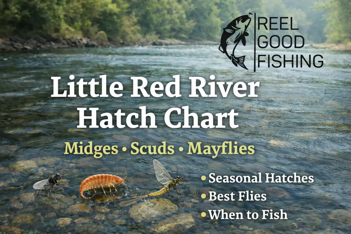 Little Red River hatch chart for Arkansas fly fishing trips showing midges, scuds, and mayflies with seasonal patterns